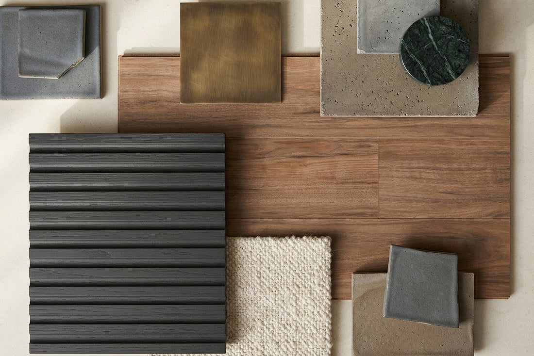 2026 Interior design mood board with fluted wood panel, wood flooring, brass metal, and mixed stone tiles