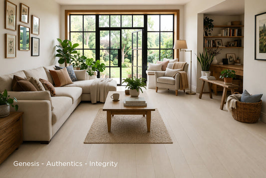 Genesis Authentics white LVT flooring in a living room